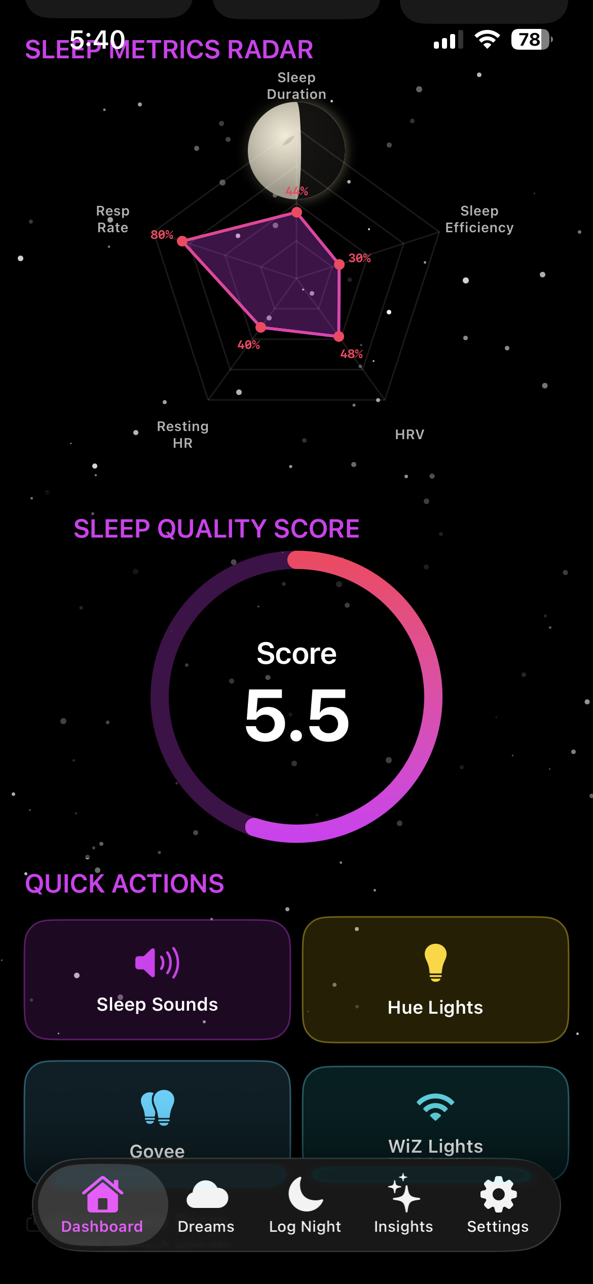 Somnara Sleep Home dashboard with Sleep Quality Score and Sleep Metrics Radar
