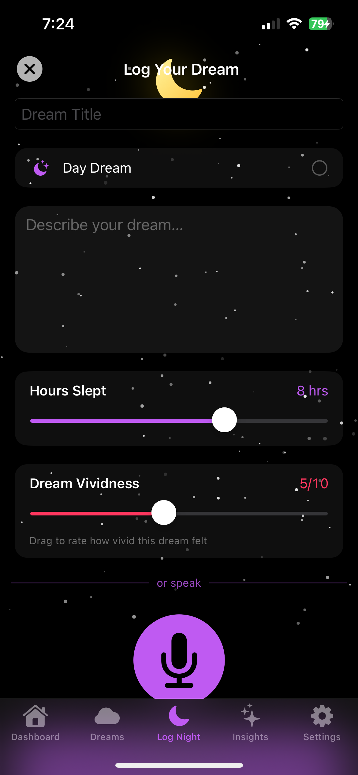 Somnara Sleep AI Dream Journal screen showing a dream entry with barometric pressure correlation
