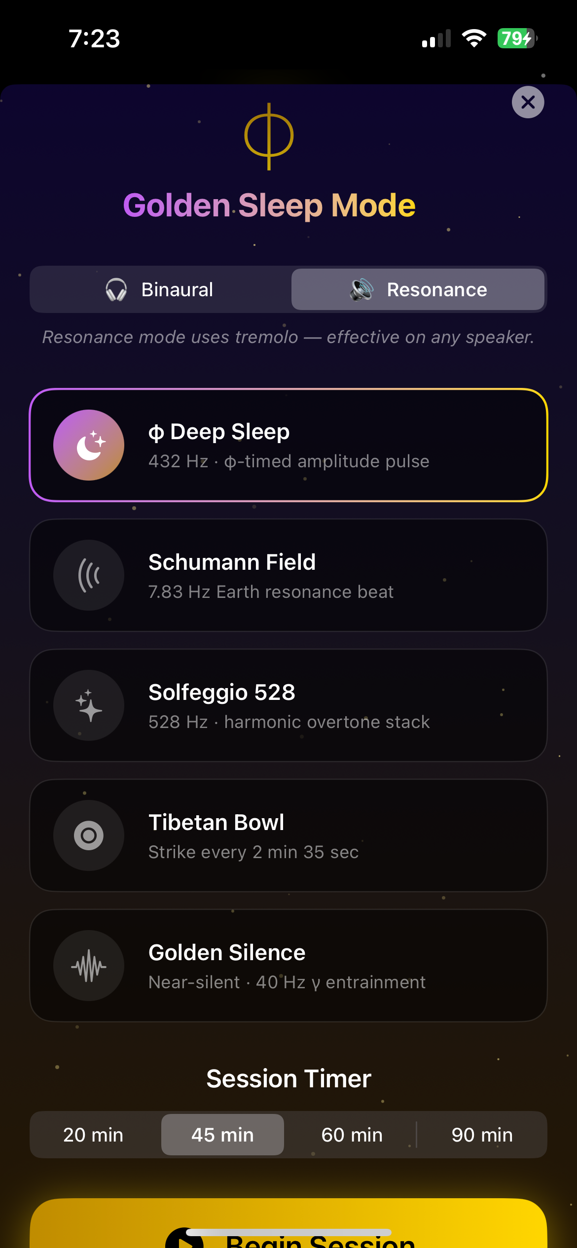 Somnara Sleep Golden Sleep Mode screen with Solfeggio 528 Hz, Schumann resonance, and Tibetan Bowl sound therapy options