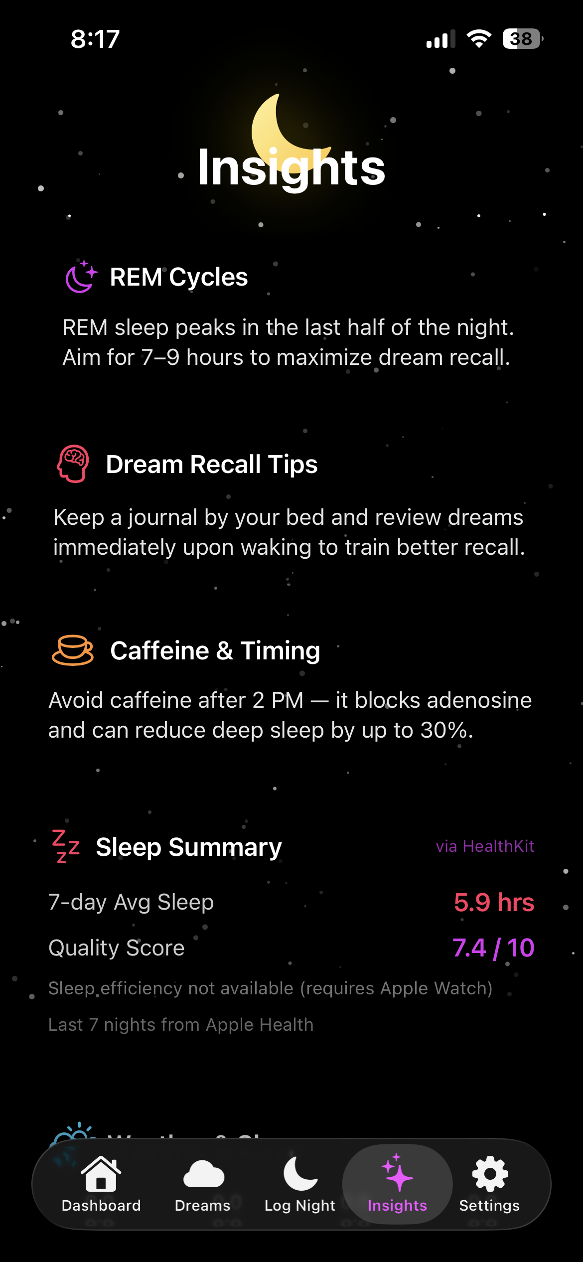 Somnara Sleep Insights screen showing REM cycle tips, dream recall tips, and a 7-day sleep summary pulled via HealthKit