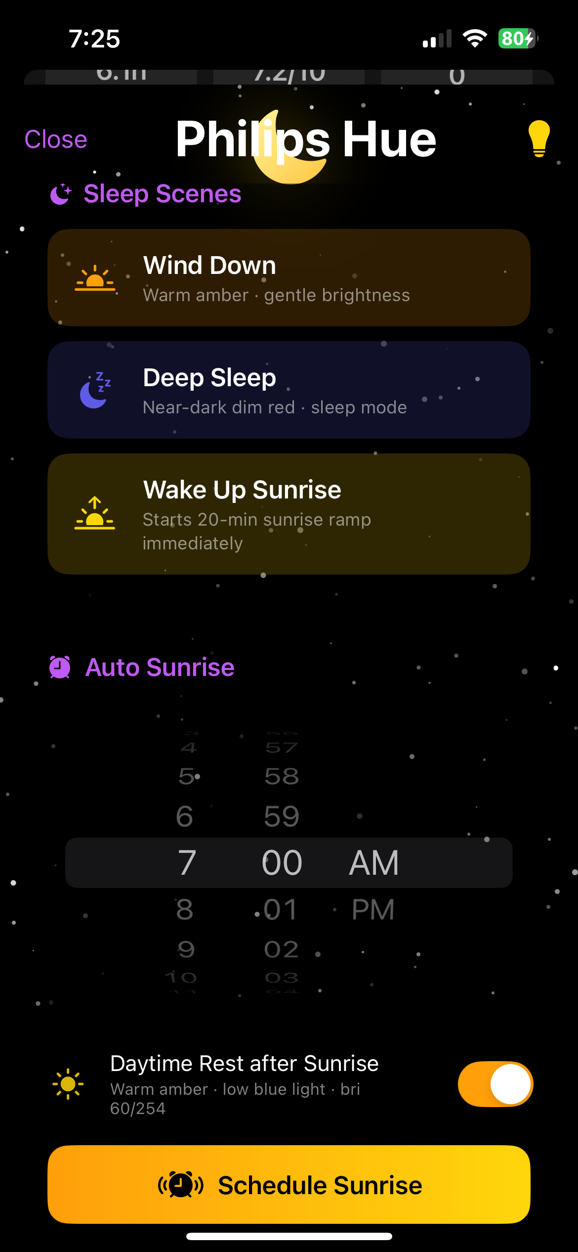 Somnara Sleep Smart Lights control screen for scheduling a gradual WiZ, Govee, or Philips Hue (iOS) sunrise wake-up and a real 20-minute Wind Down ramp at bedtime