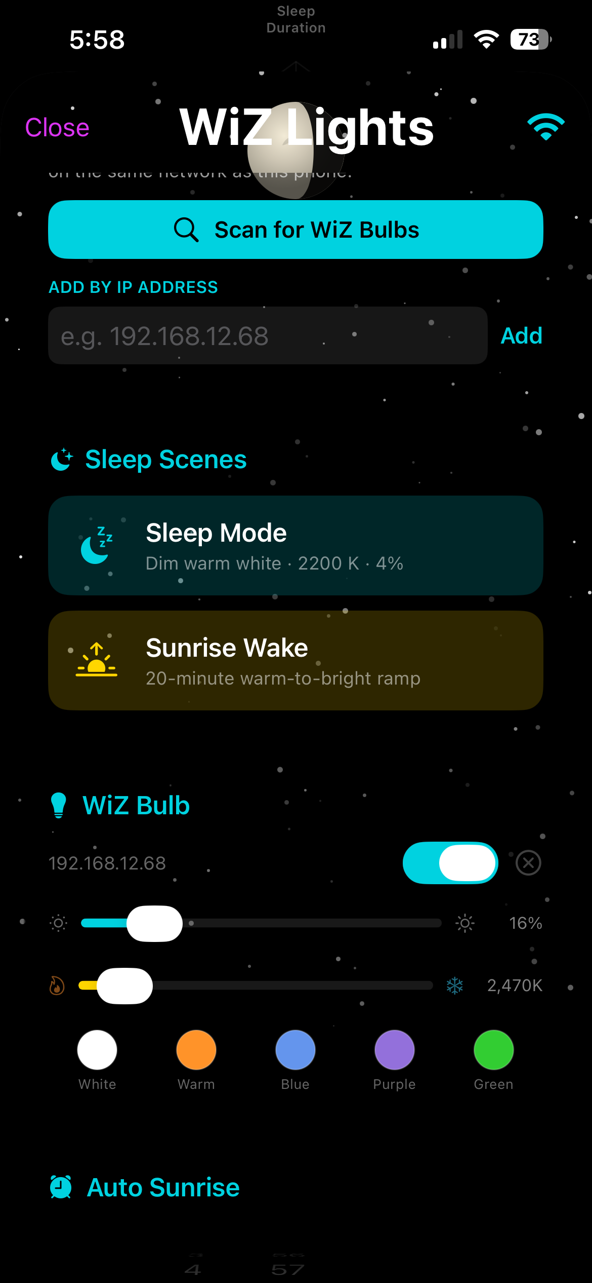 Somnara Sleep WiZ Lights screen with color picker (White, Warm, Blue, Purple, Green) and Sleep Mode scene selection